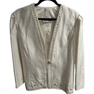 Vintage Karen Miller Cream Blazer with V-Neckline and Decorative Trim